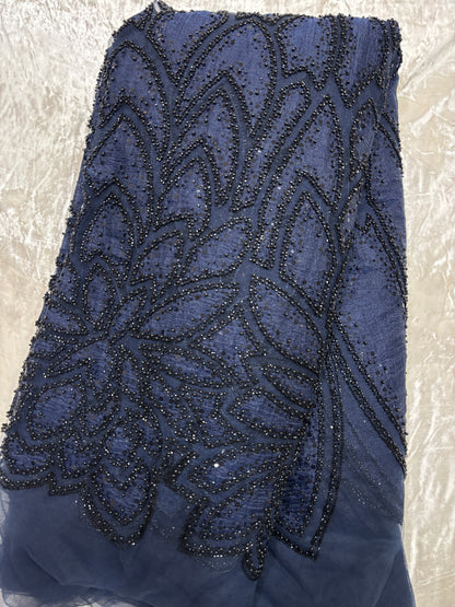 Branched Floral  Dual Tone Beads & Sequins Appliqué Embroidered Net Fabric