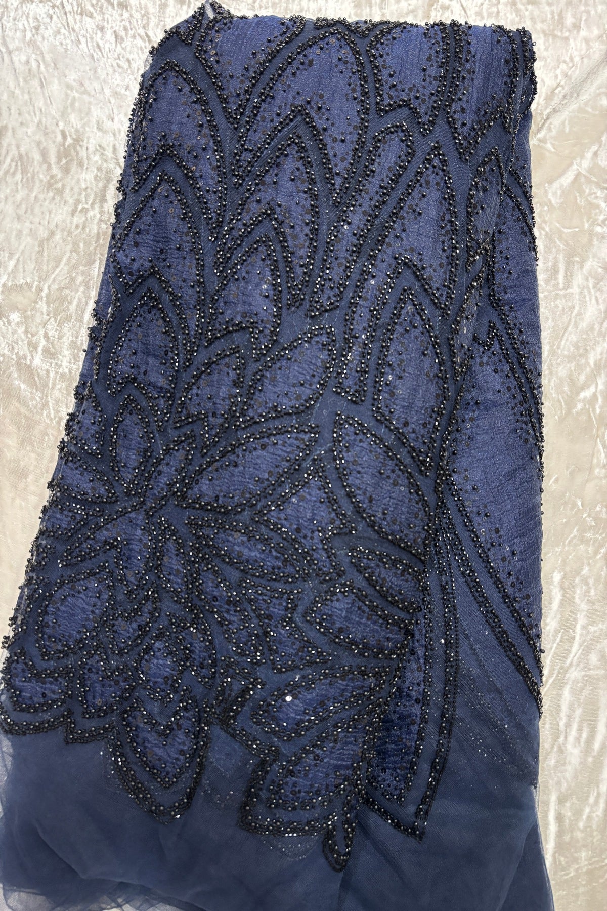Branched Floral  Dual Tone Beads & Sequins Appliqué Embroidered Net Fabric
