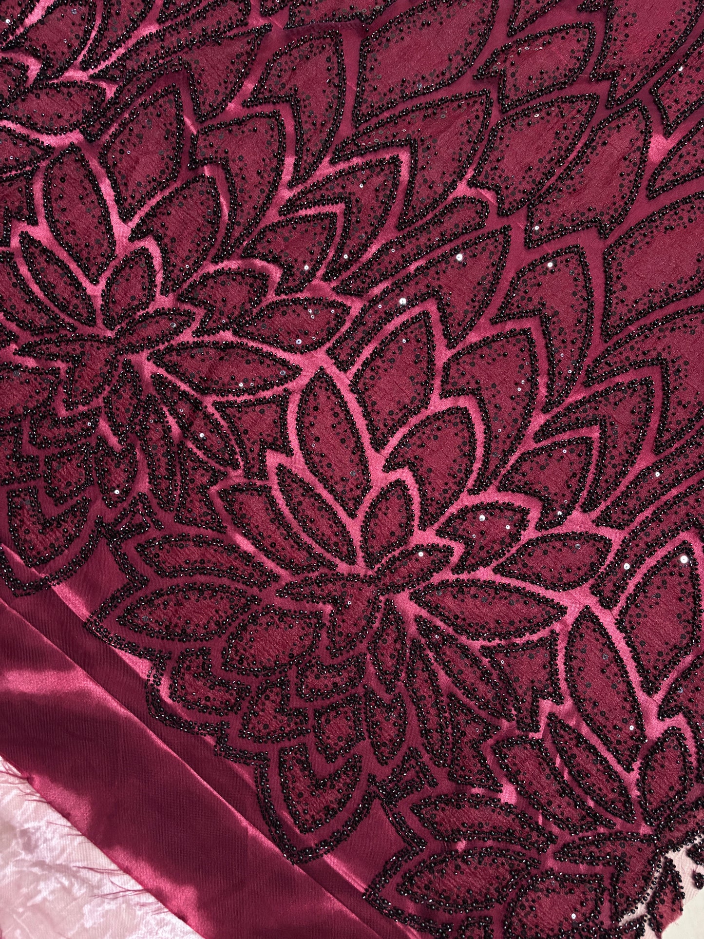 Branched Floral  Dual Tone Beads & Sequins Appliqué Embroidered Net Fabric