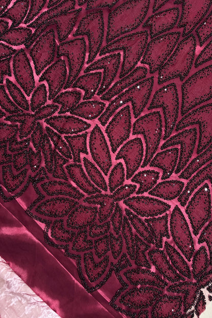 Branched Floral  Dual Tone Beads & Sequins Appliqué Embroidered Net Fabric