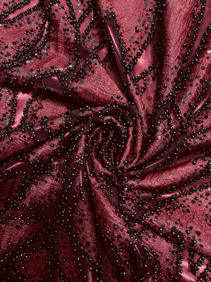 Branched Floral  Dual Tone Beads & Sequins Appliqué Embroidered Net Fabric