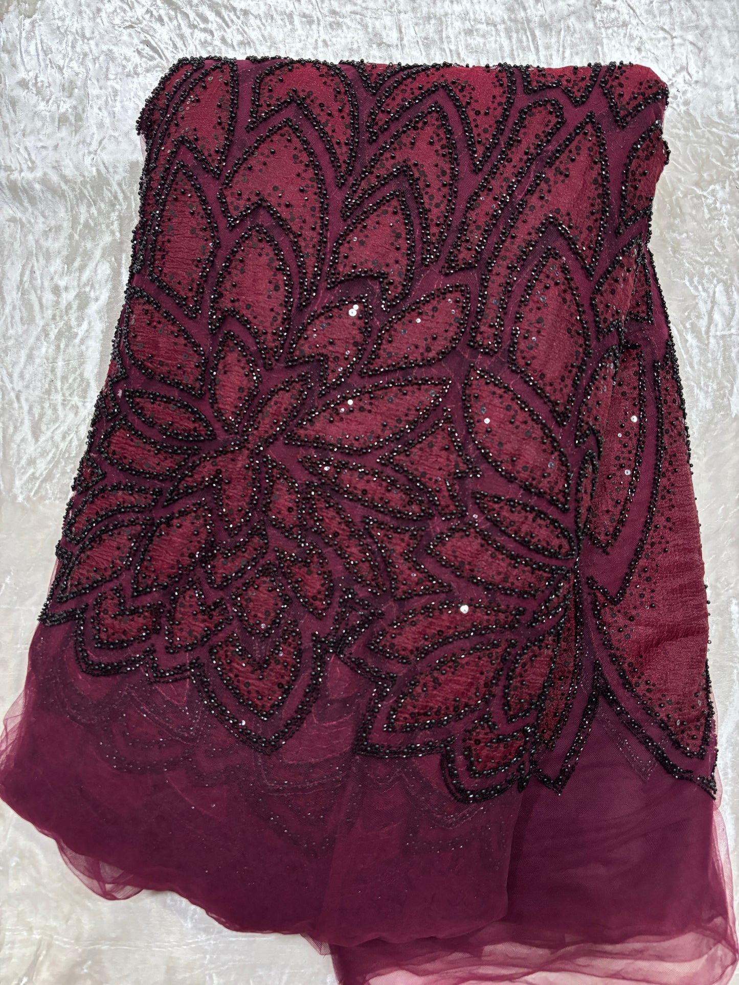 Branched Floral  Dual Tone Beads & Sequins Appliqué Embroidered Net Fabric