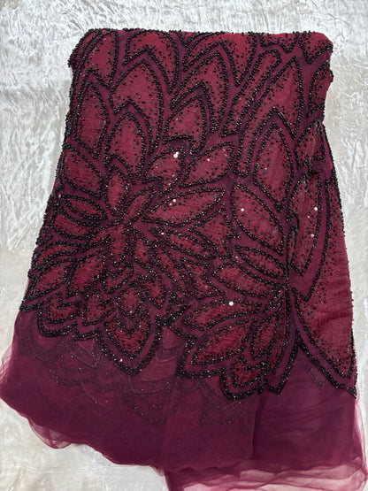Branched Floral  Dual Tone Beads & Sequins Appliqué Embroidered Net Fabric