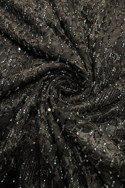Linear Sequin & Cut Bead Embroidered Bridal Lace Braso Net Fabric