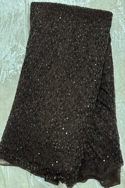 Linear Sequin & Cut Bead Embroidered Bridal Lace Braso Net Fabric