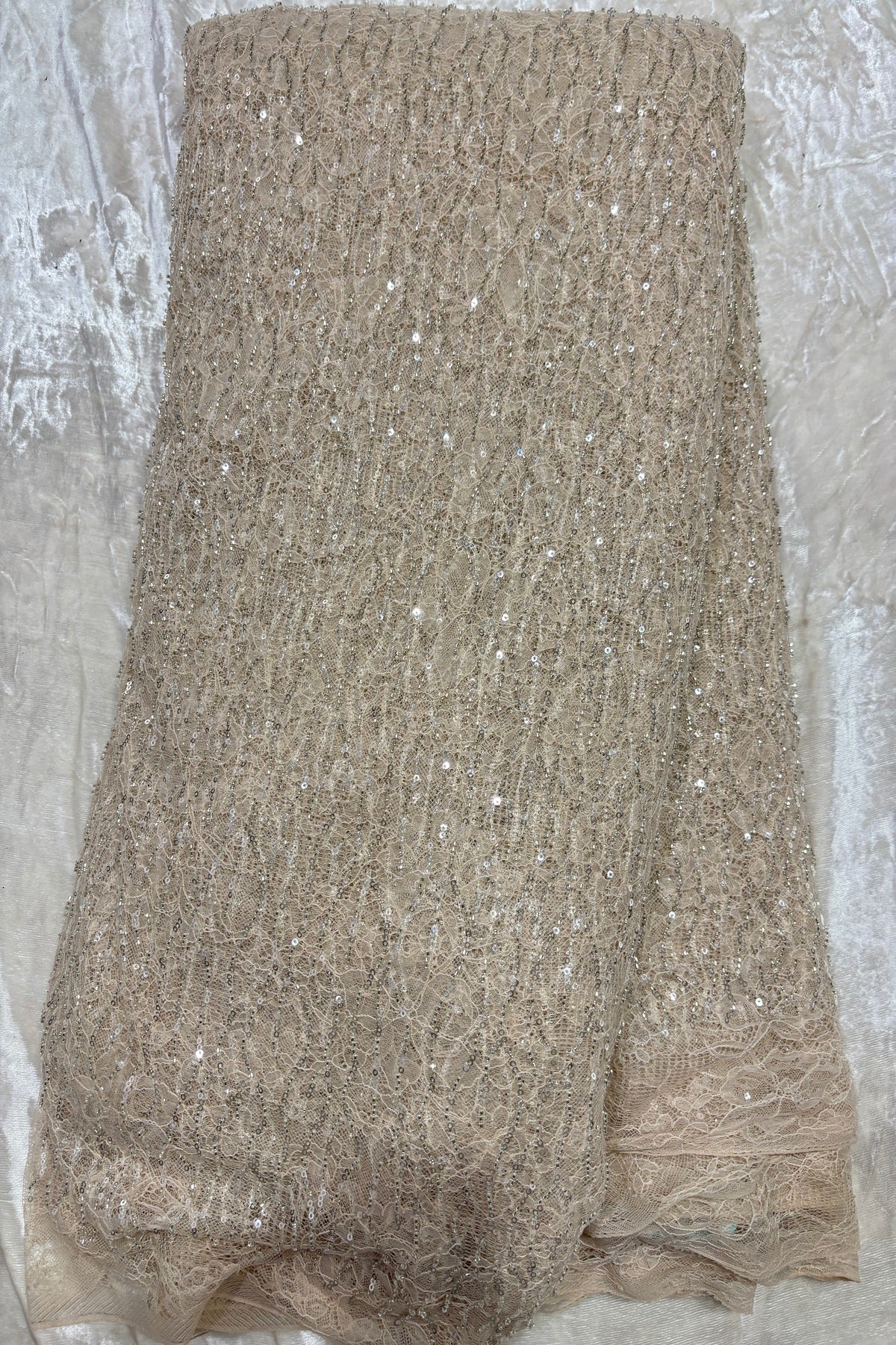 Linear Sequin & Cut Bead Embroidered Bridal Lace Braso Net Fabric