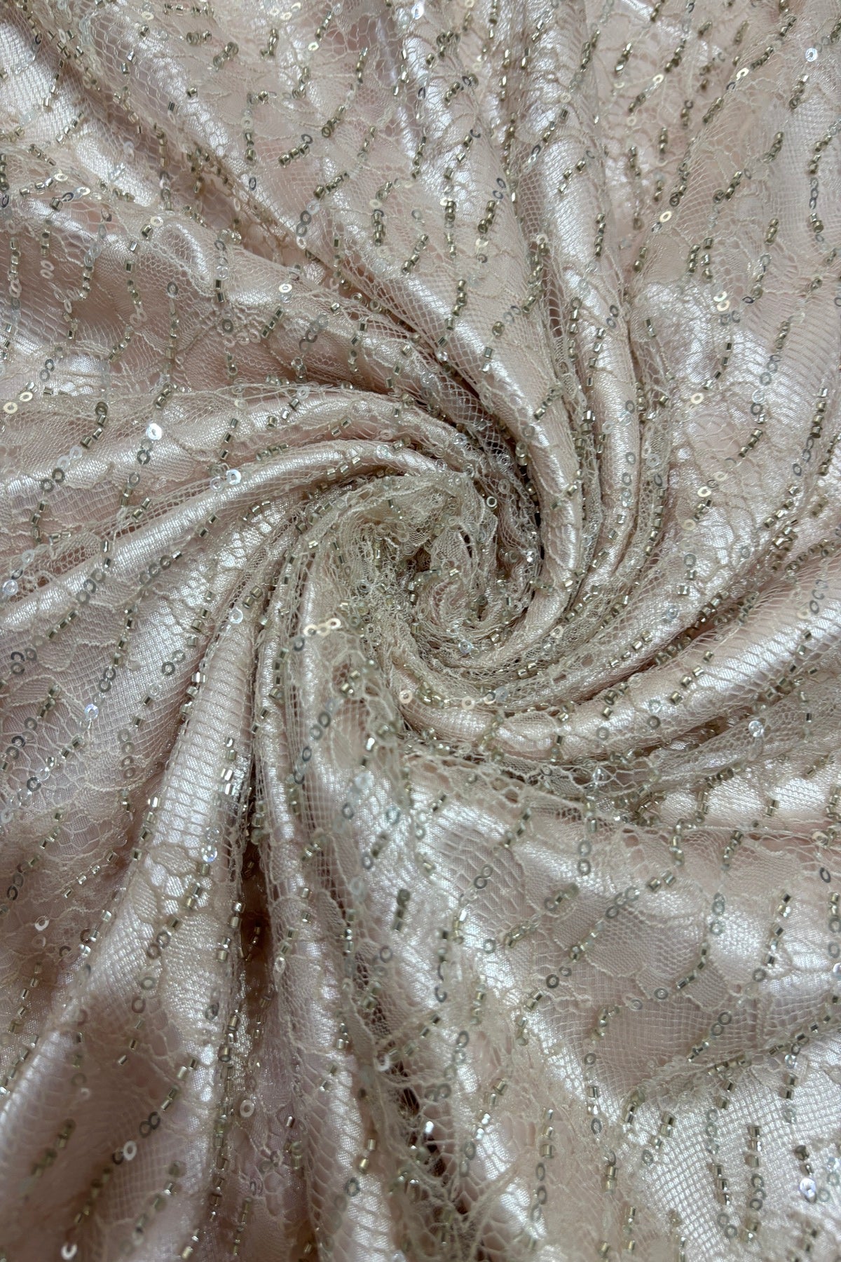 Linear Sequin & Cut Bead Embroidered Bridal Lace Braso Net Fabric