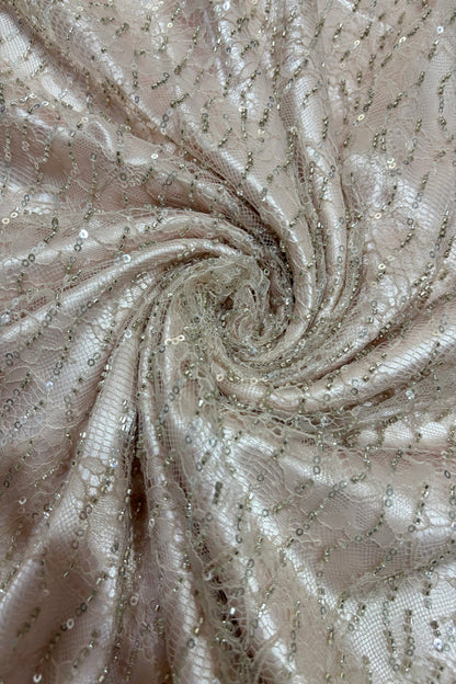 Linear Sequin & Cut Bead Embroidered Bridal Lace Braso Net Fabric