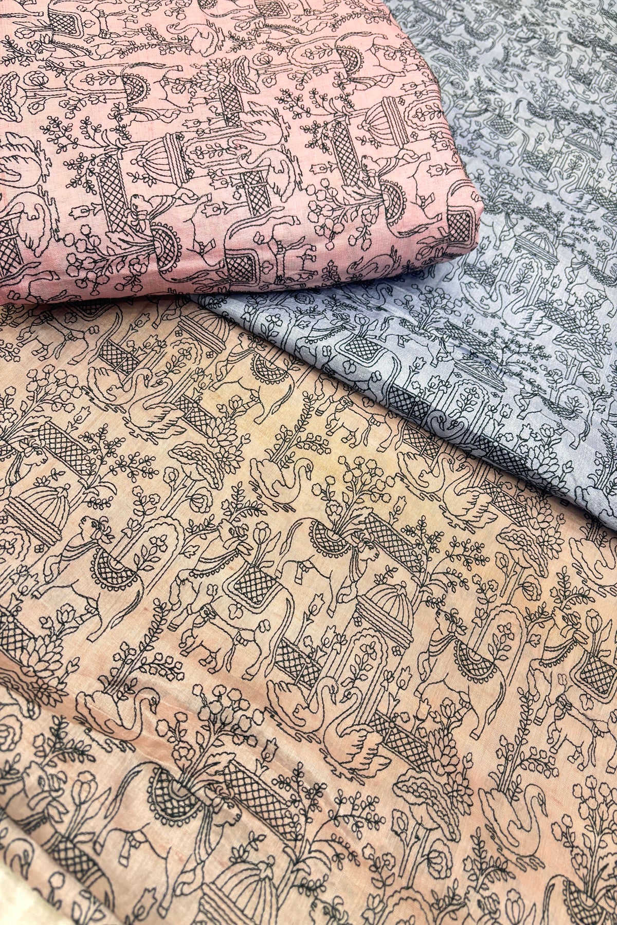 Pichwai Inspired Black Thread Embroidered Pure Tussar Fabric