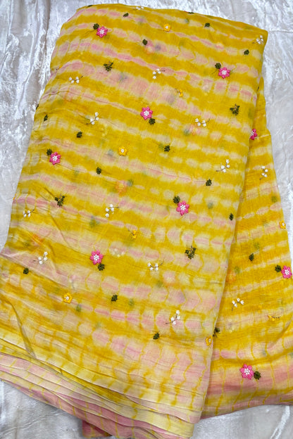 Multi Miniature Floral Embroidered Shibori Dyed Pure Mul Chanderi fabric
