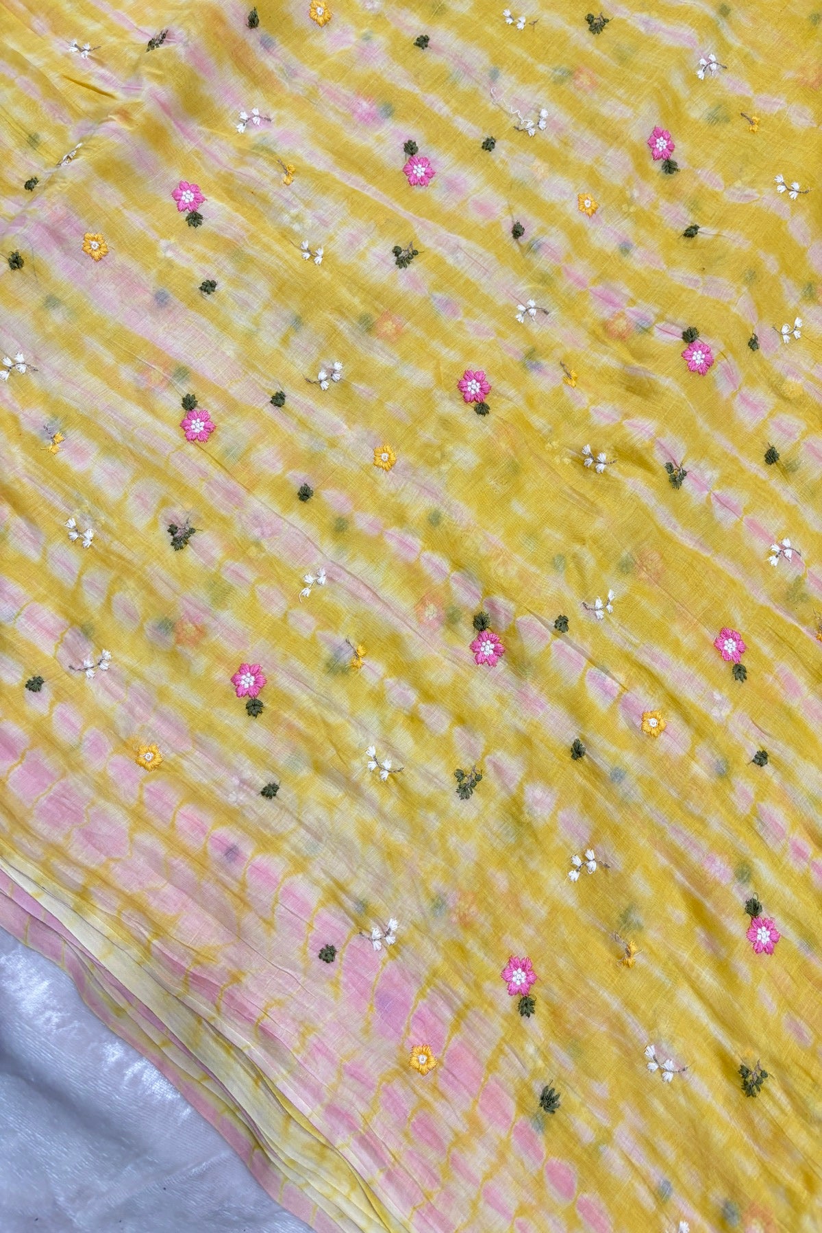 Multi Miniature Floral Embroidered Shibori Dyed Pure Mul Chanderi fabric