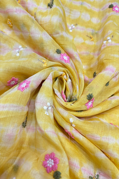 Multi Miniature Floral Embroidered Shibori Dyed Pure Mul Chanderi fabric