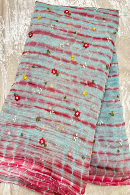 Multi Miniature Floral Embroidered Shibori Dyed Pure Mul Chanderi fabric