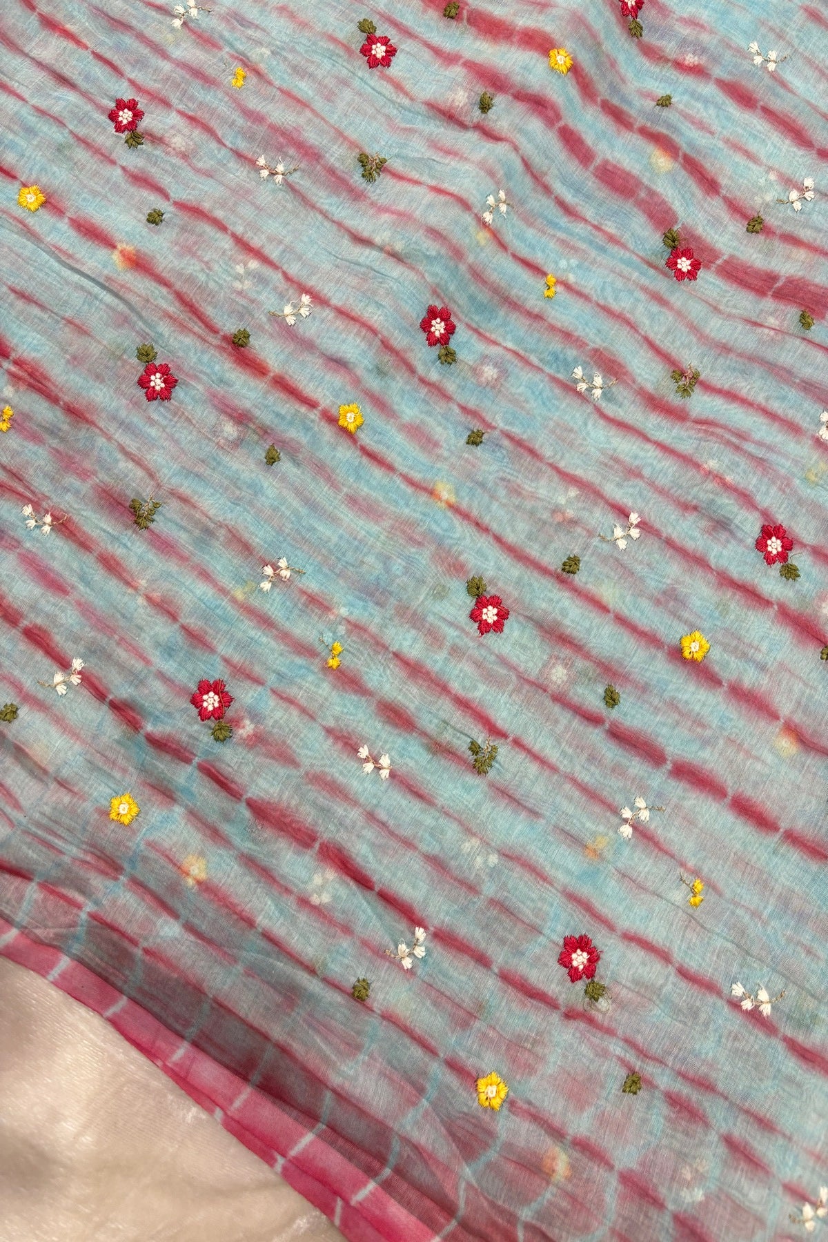 Multi Miniature Floral Embroidered Shibori Dyed Pure Mul Chanderi fabric