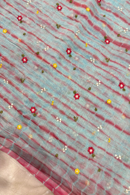 Multi Miniature Floral Embroidered Shibori Dyed Pure Mul Chanderi fabric