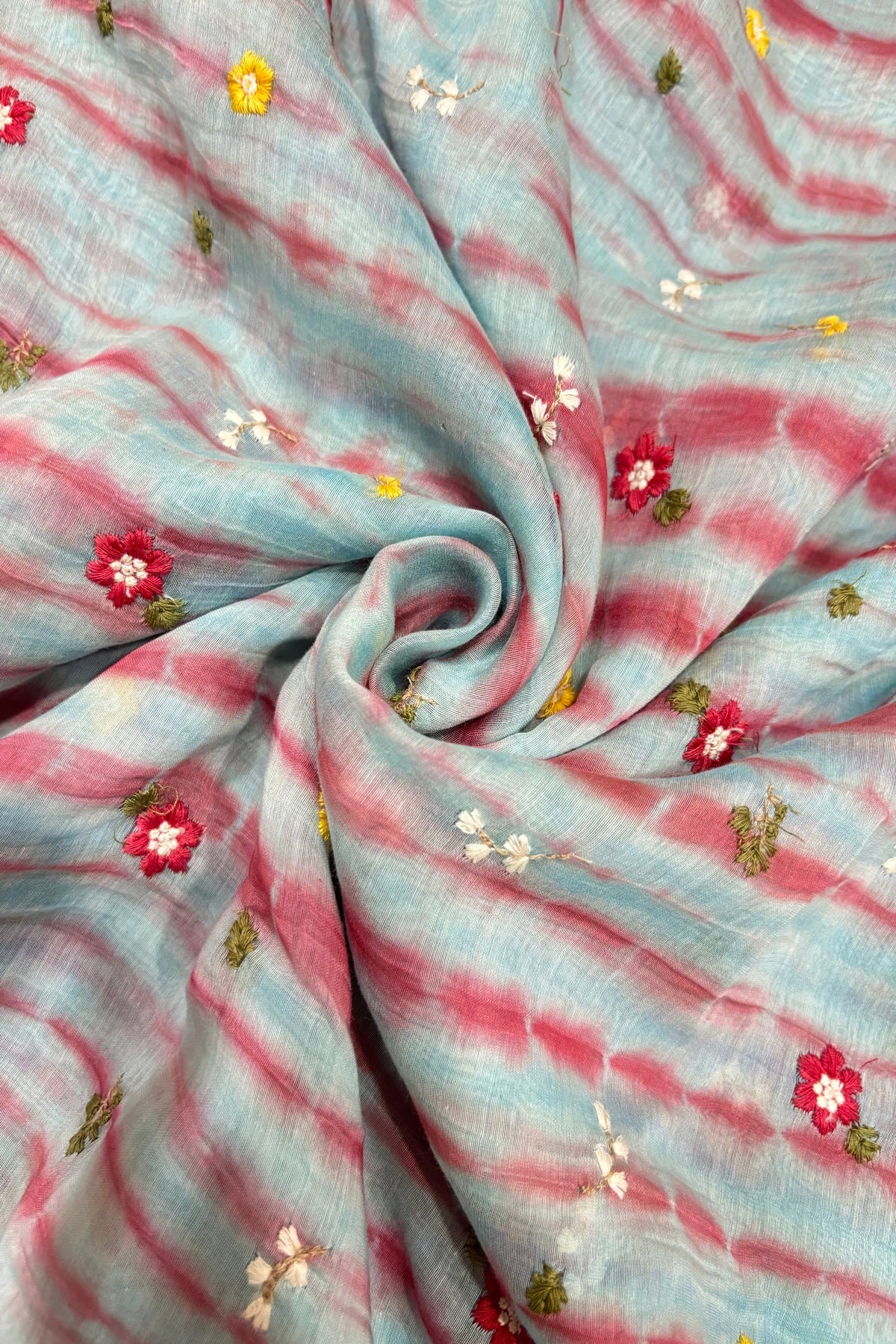Multi Miniature Floral Embroidered Shibori Dyed Pure Mul Chanderi fabric