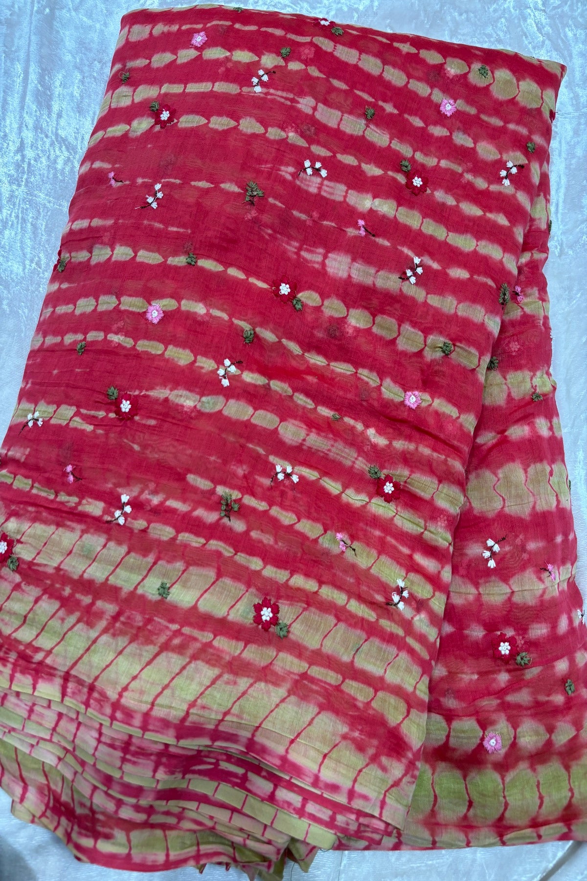 Multi Miniature Floral Embroidered Shibori Dyed Pure Mul Chanderi fabric