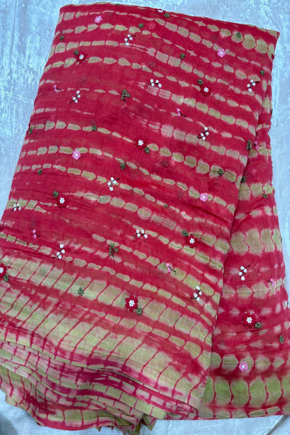 Multi Miniature Floral Embroidered Shibori Dyed Pure Mul Chanderi fabric
