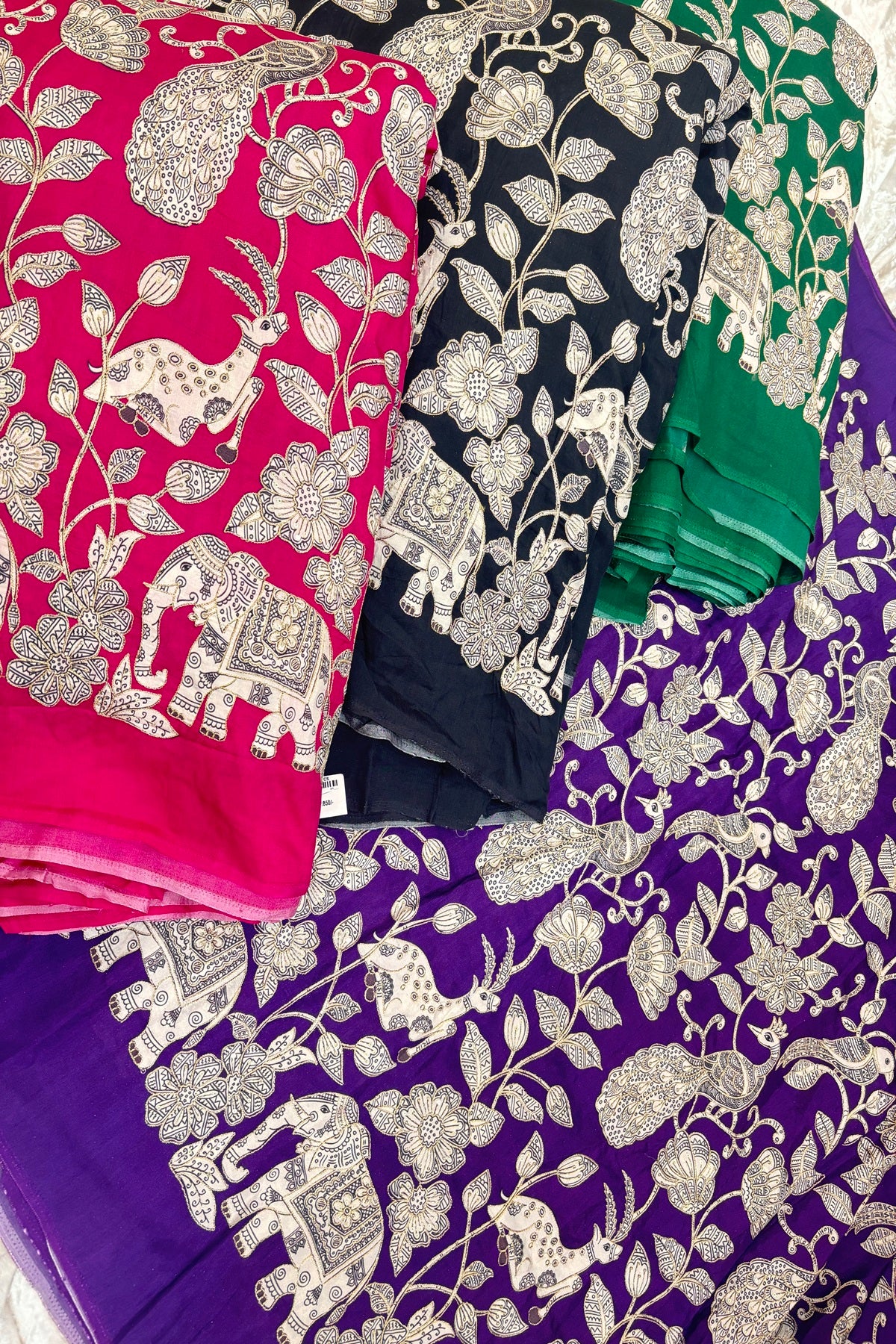 Kalamkari Inspired Jungle Theme Printed With Zari & Sequins Highlighted Dola Silk Fabric