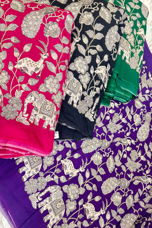 Kalamkari Inspired Jungle Theme Printed With Zari & Sequins Highlighted Dola Silk Fabric