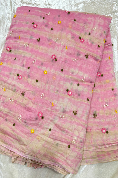 Multi Miniature Floral Embroidered Shibori Dyed Pure Mul Chanderi fabric