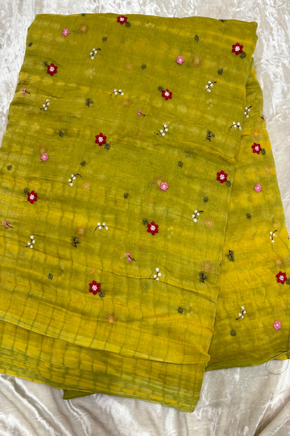 Multi Miniature Floral Embroidered Shibori Dyed Pure Mul Chanderi fabric