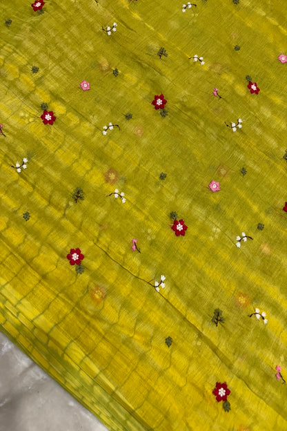 Multi Miniature Floral Embroidered Shibori Dyed Pure Mul Chanderi fabric