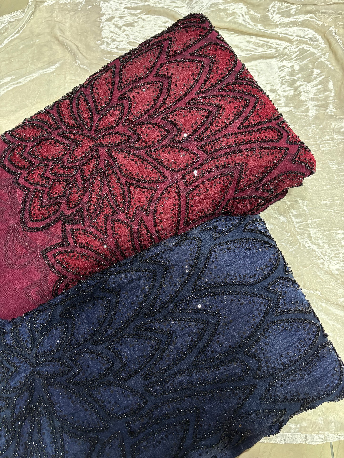 Branched Floral  Dual Tone Beads & Sequins Appliqué Embroidered Net Fabric