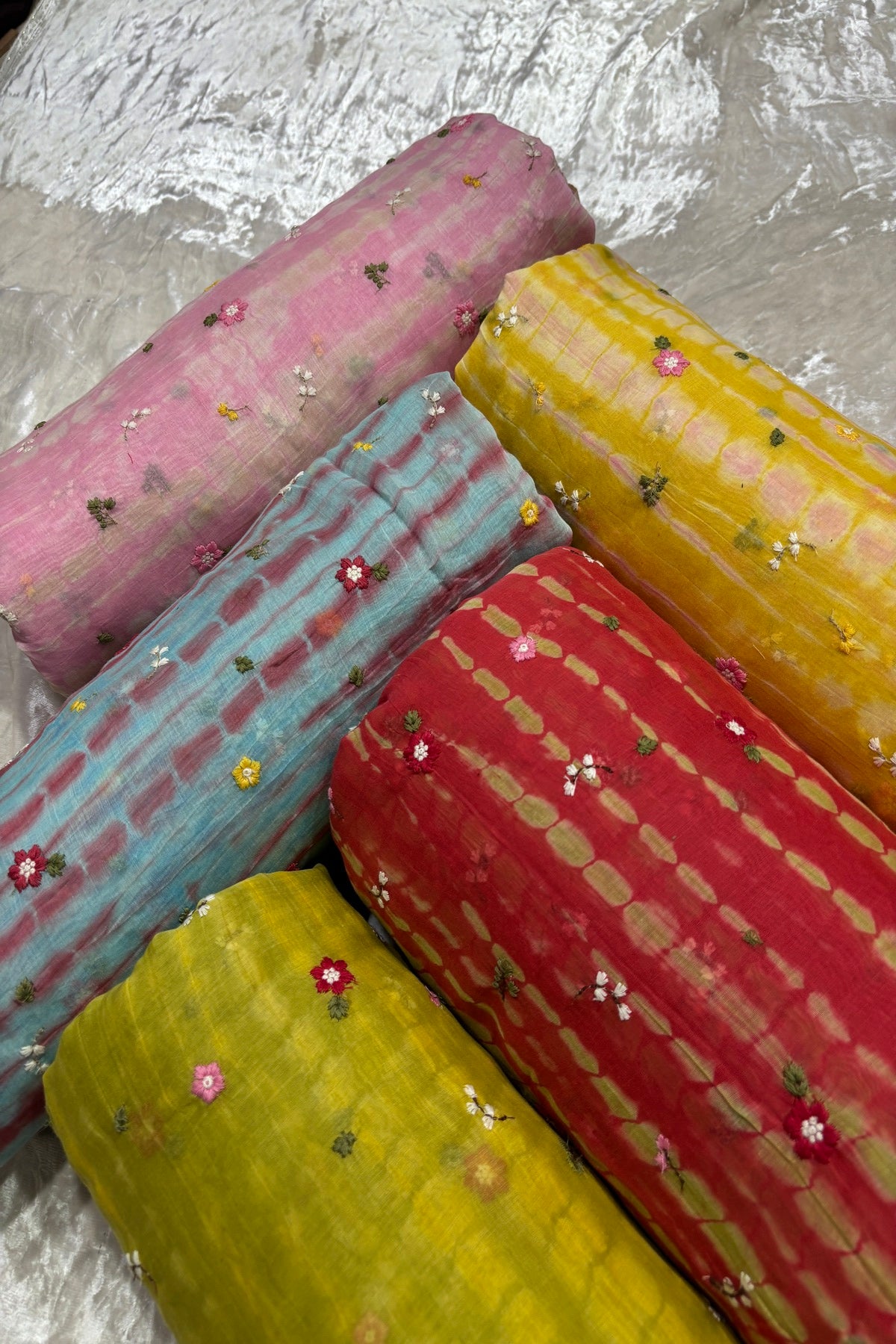 Multi Miniature Floral Embroidered Shibori Dyed Pure Mul Chanderi fabric