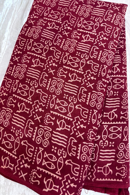 Warli Art Theme Ajrak Printed Pure Cotton Fabric