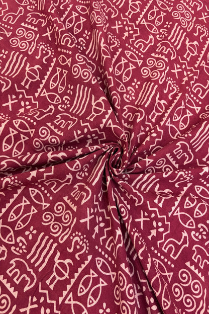 Warli Art Theme Ajrak Printed Pure Cotton Fabric