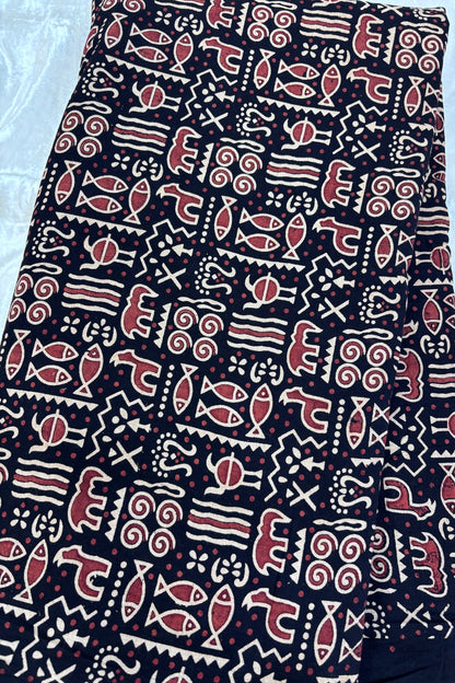 Warli Art Theme Ajrak Printed Pure Cotton Fabric