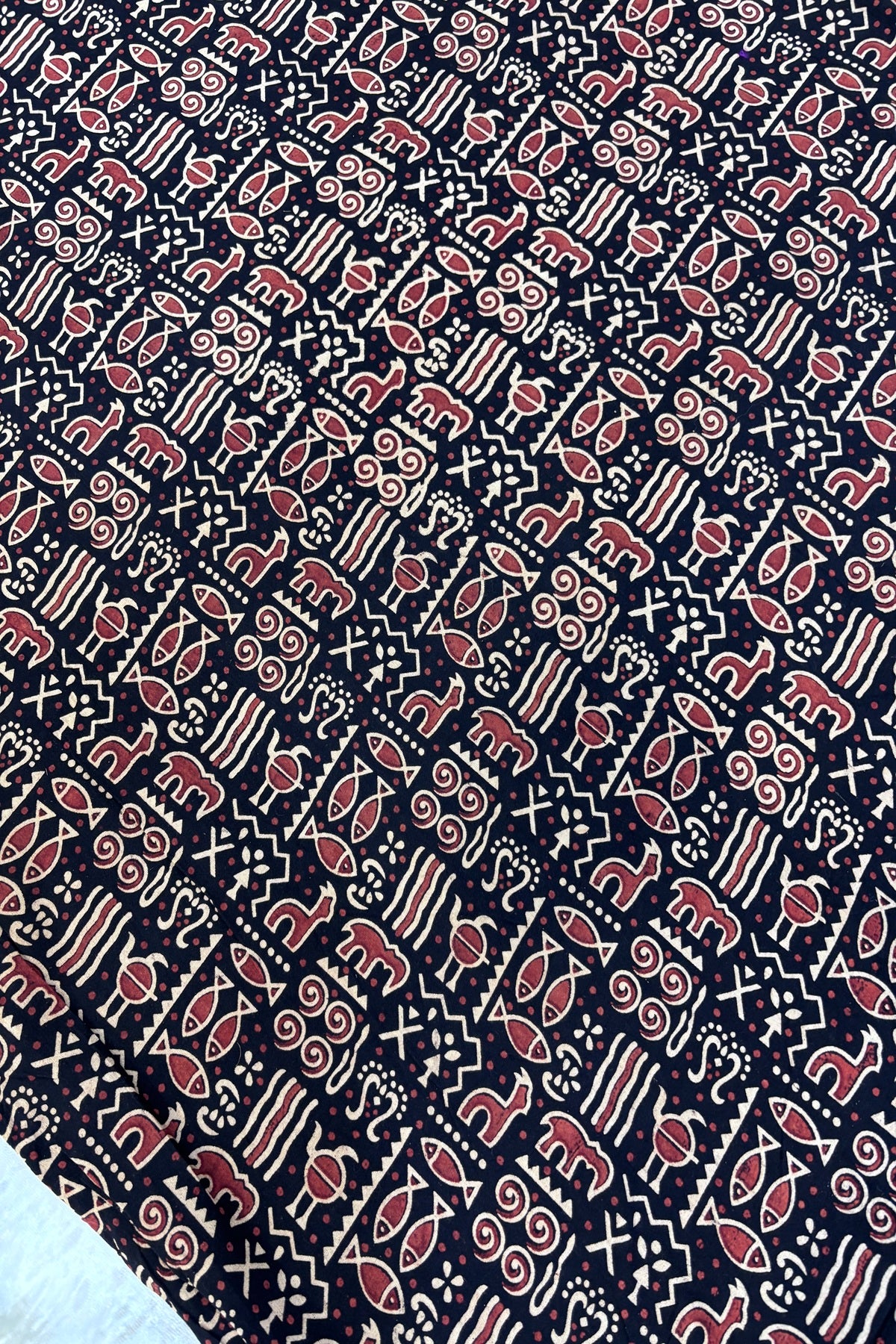 Warli Art Theme Ajrak Printed Pure Cotton Fabric