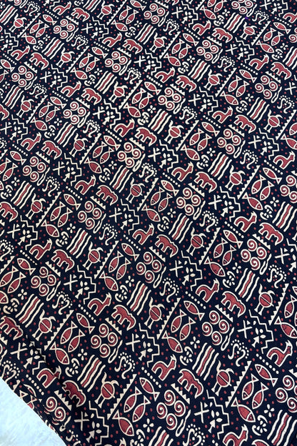 Warli Art Theme Ajrak Printed Pure Cotton Fabric
