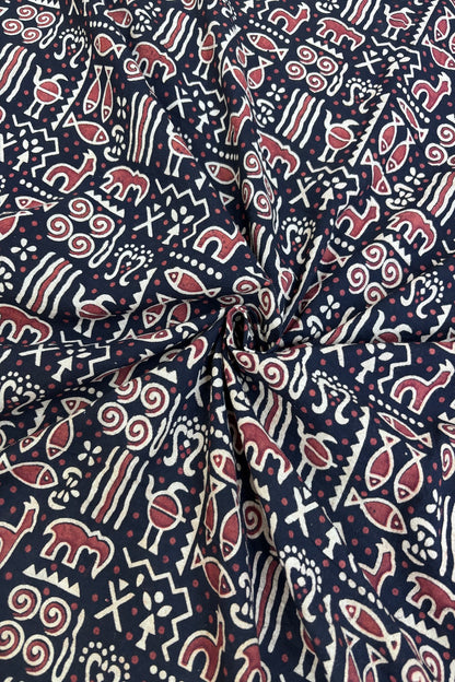 Warli Art Theme Ajrak Printed Pure Cotton Fabric