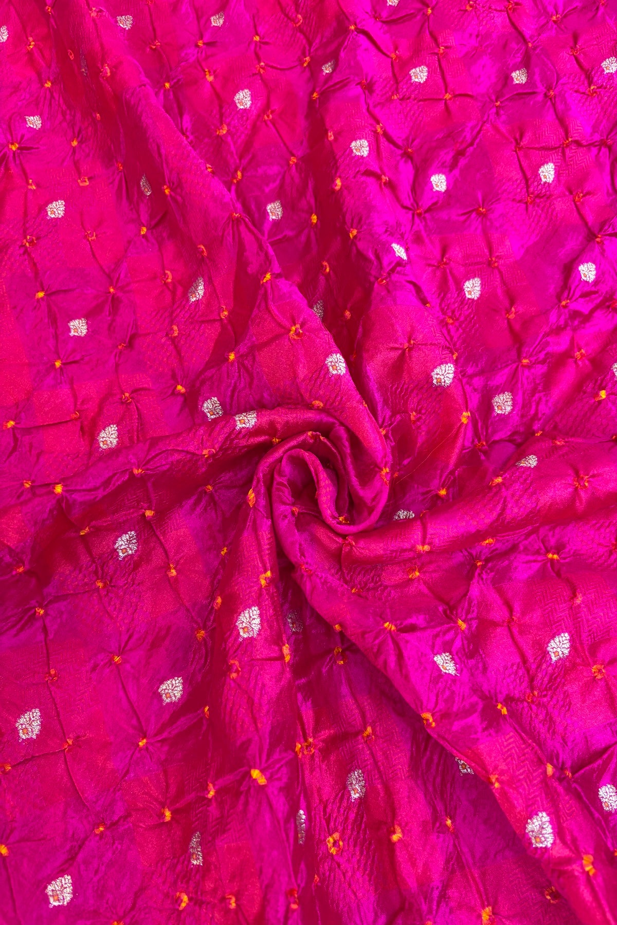 Pure Silk Embossed Zari Woven Bandhani Fabric With Gold Zari Meenakari Motifs