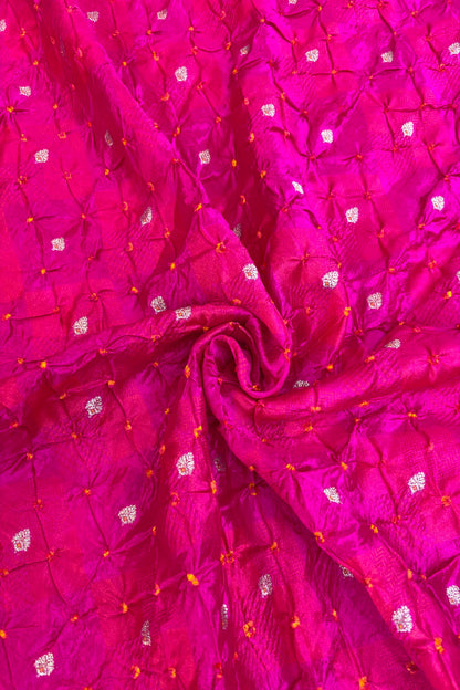 Pure Silk Embossed Zari Woven Bandhani Fabric With Gold Zari Meenakari Motifs