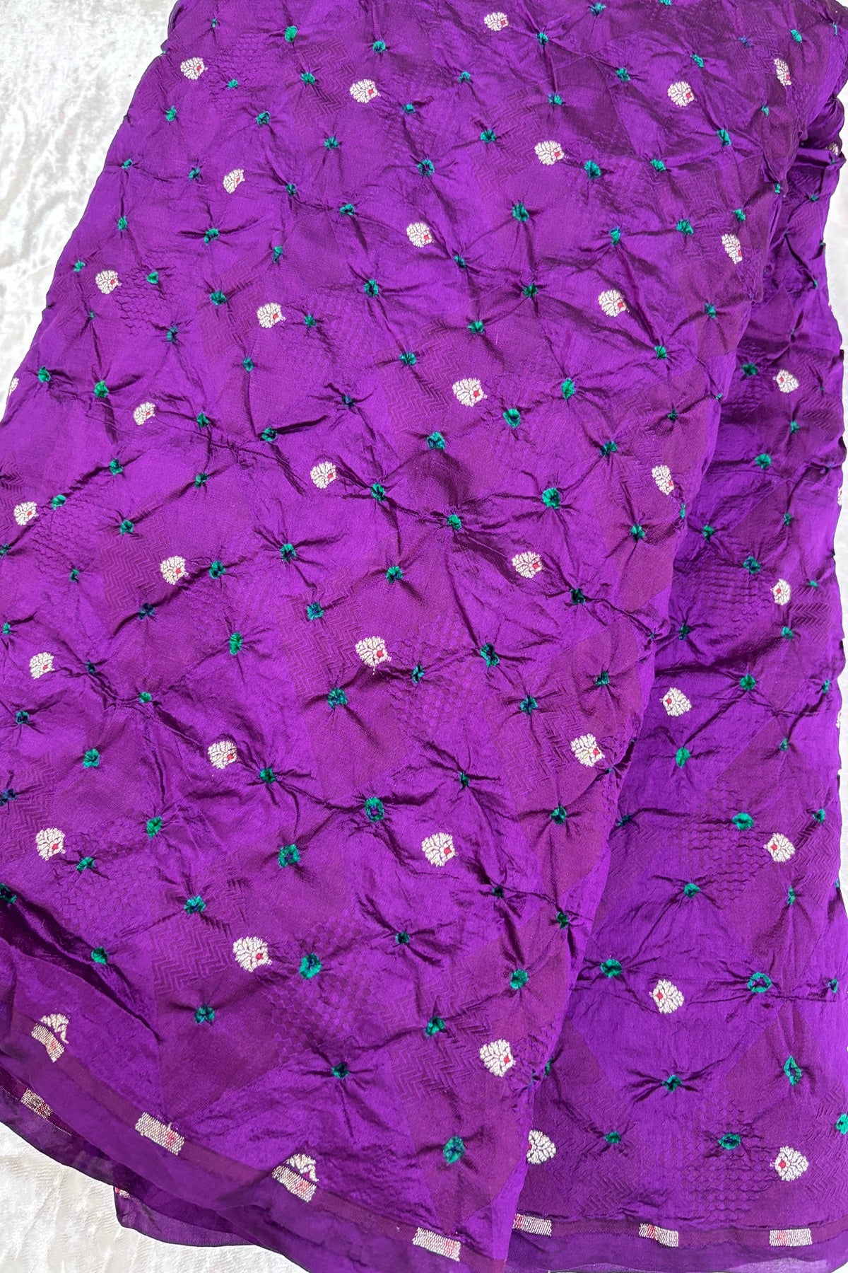 Pure Silk Embossed Zari Woven Bandhani Fabric With Gold Zari Meenakari Motifs