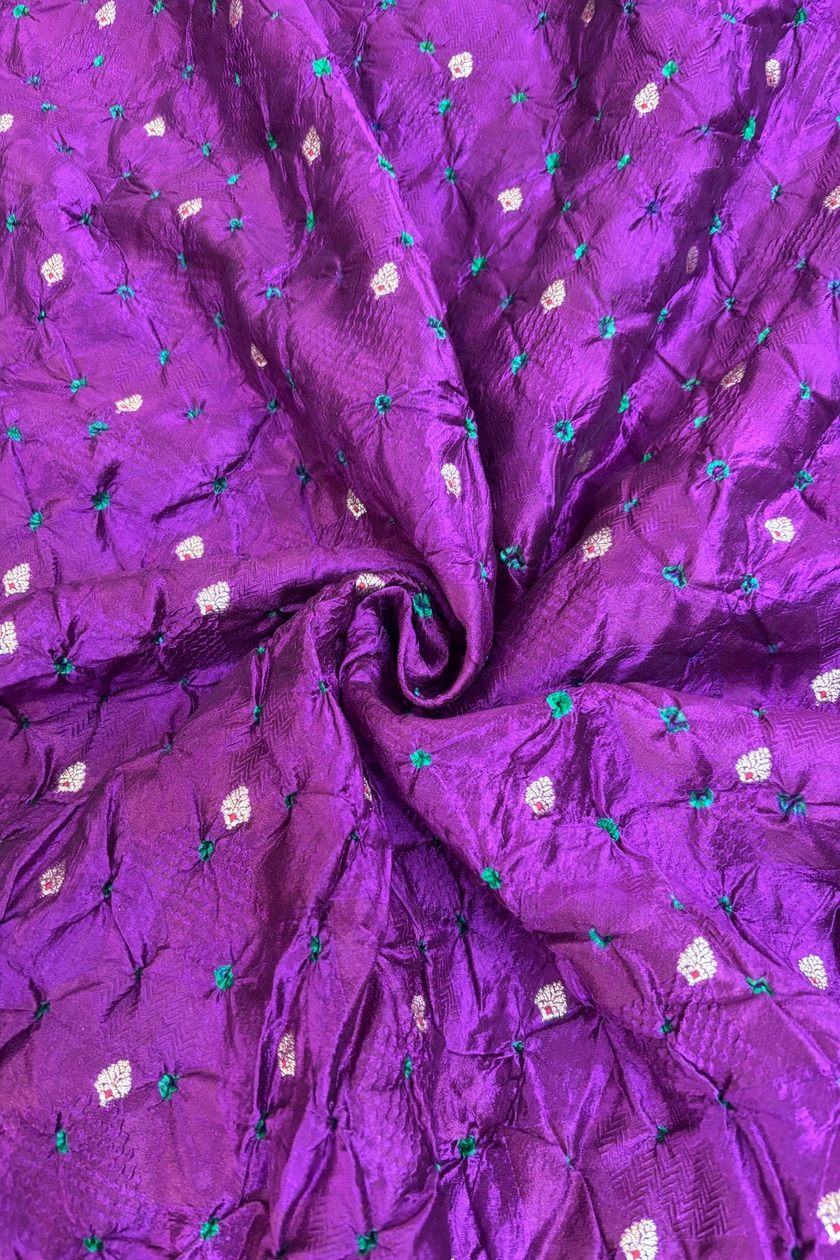 Pure Silk Embossed Zari Woven Bandhani Fabric With Gold Zari Meenakari Motifs