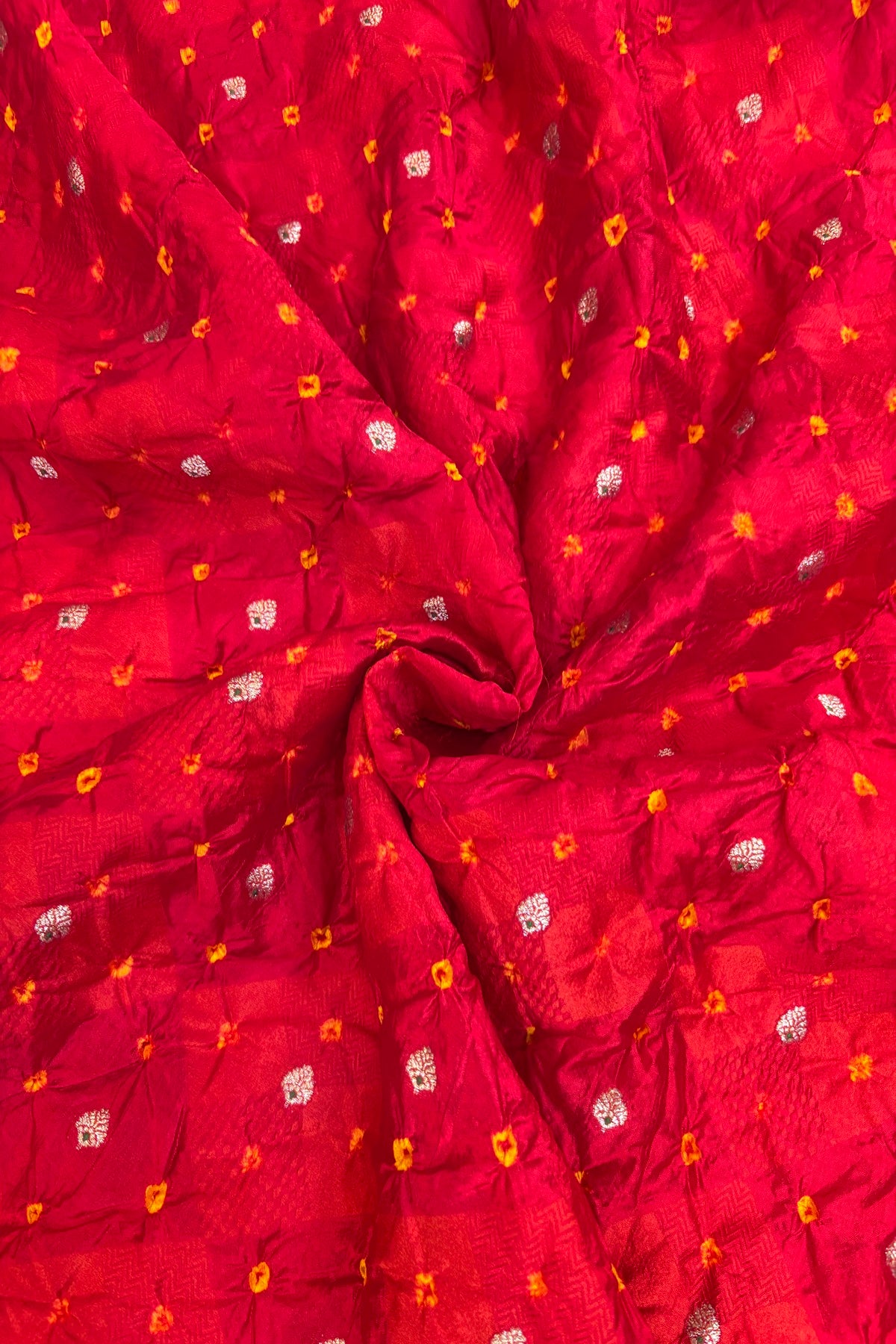 Pure Silk Embossed Zari Woven Bandhani Fabric With Gold Zari Meenakari Motifs