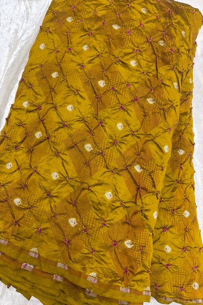 Pure Silk Embossed Zari Woven Bandhani Fabric With Gold Zari Meenakari Motifs