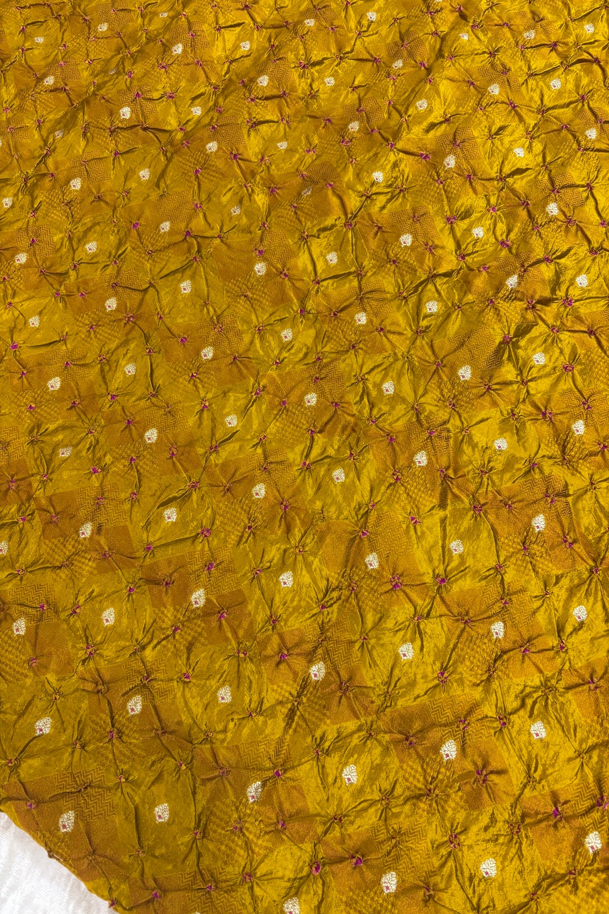 Pure Silk Embossed Zari Woven Bandhani Fabric With Gold Zari Meenakari Motifs