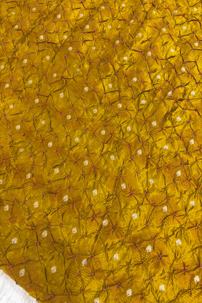 Pure Silk Embossed Zari Woven Bandhani Fabric With Gold Zari Meenakari Motifs