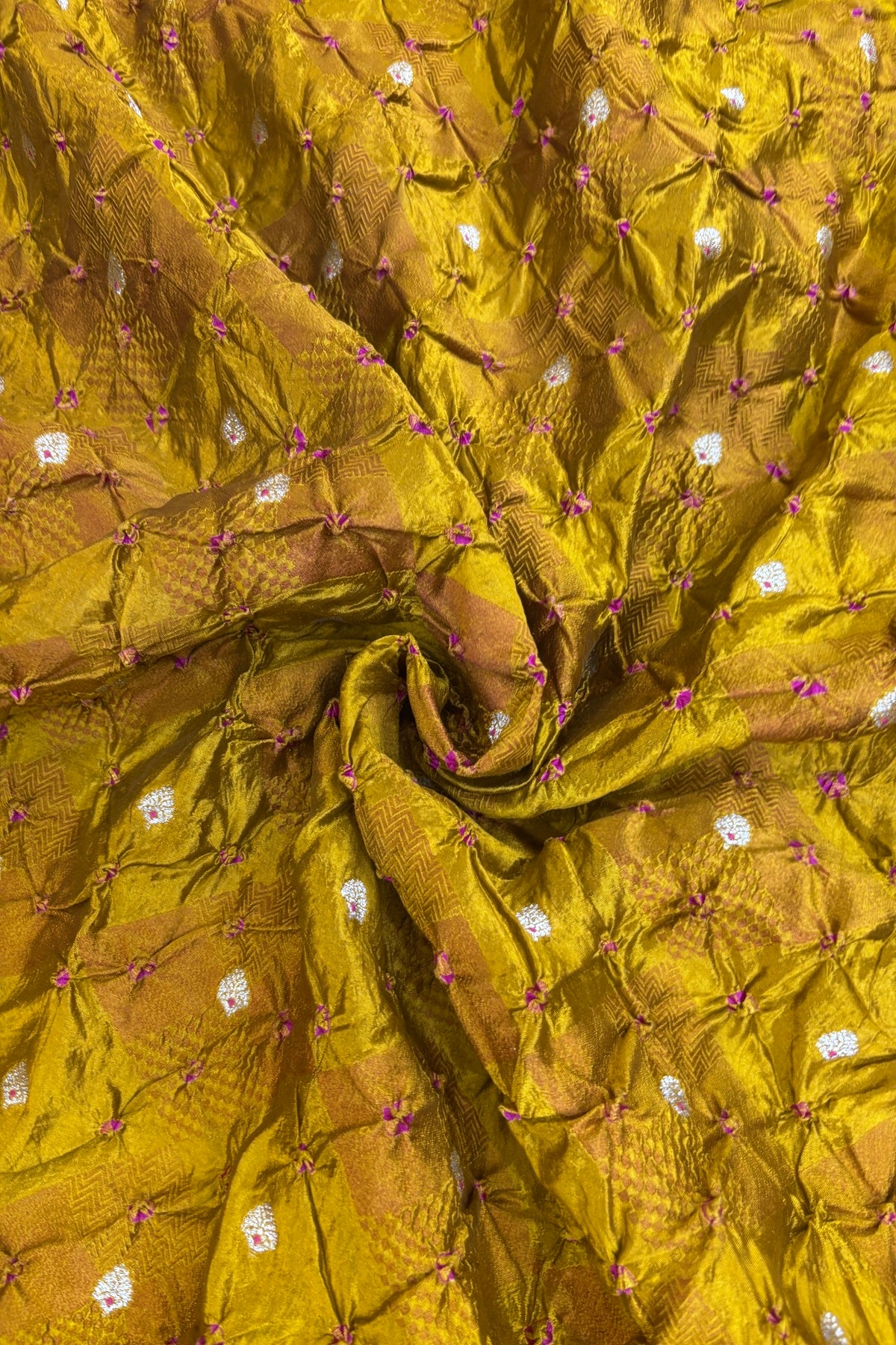 Pure Silk Embossed Zari Woven Bandhani Fabric With Gold Zari Meenakari Motifs