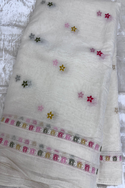 Tiny Flowers With Double Borders Embroidered Pure Mul Chanderi Fabric