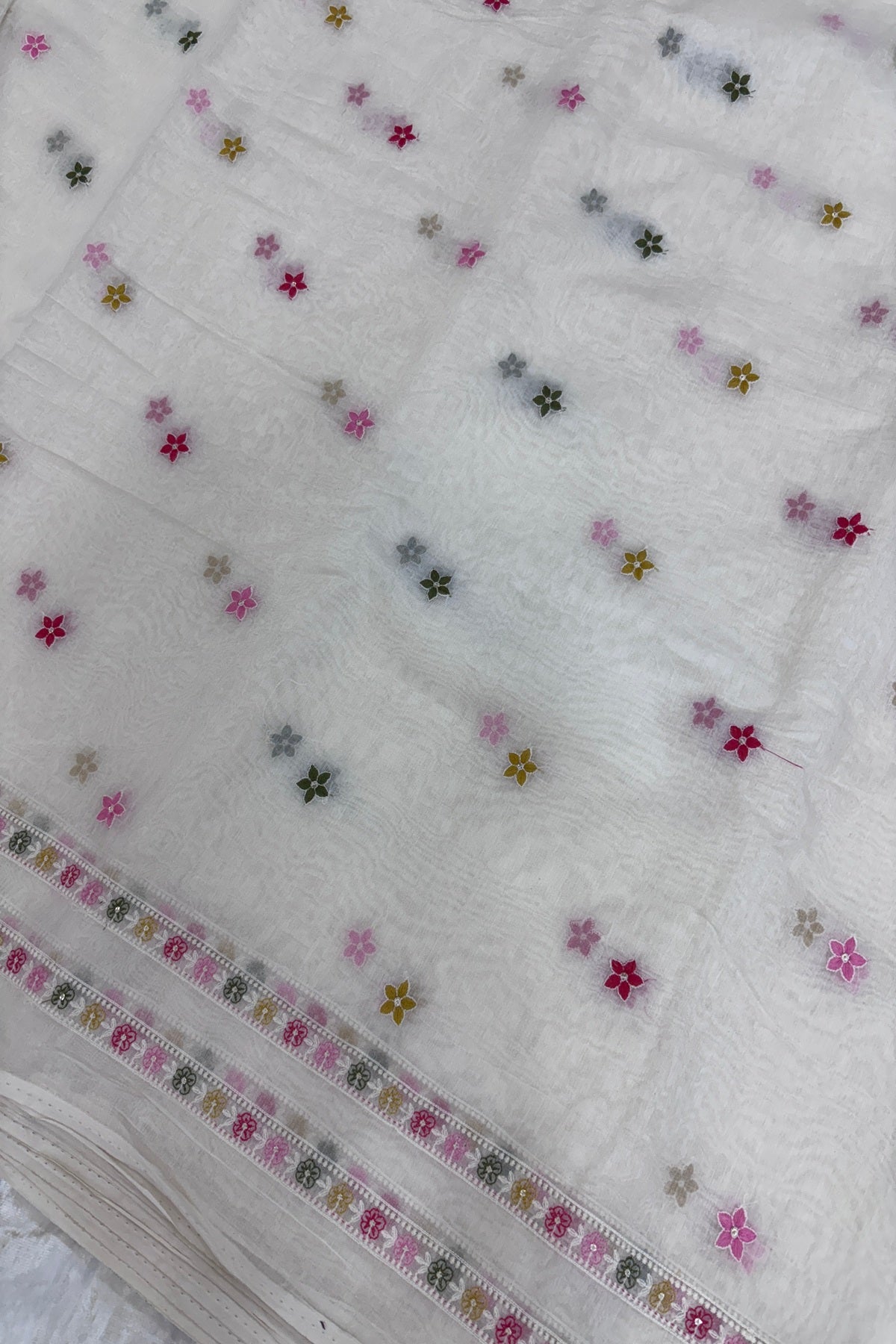 Tiny Flowers With Double Borders Embroidered Pure Mul Chanderi Fabric