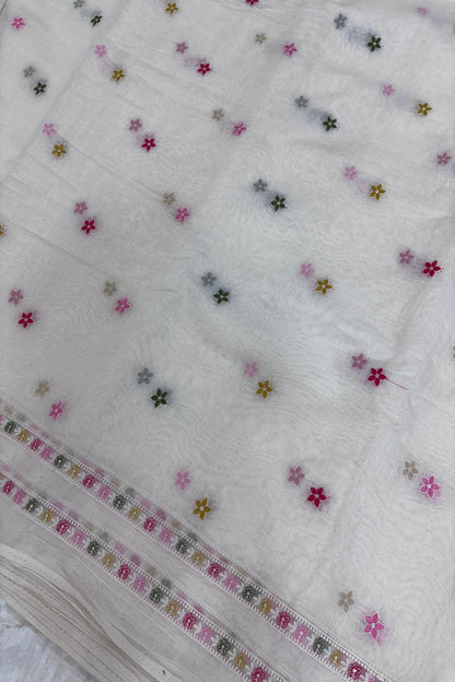 Tiny Flowers With Double Borders Embroidered Pure Mul Chanderi Fabric