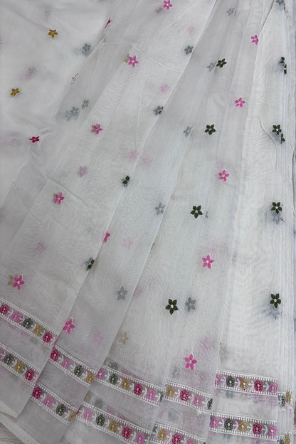 Tiny Flowers With Double Borders Embroidered Pure Mul Chanderi Fabric