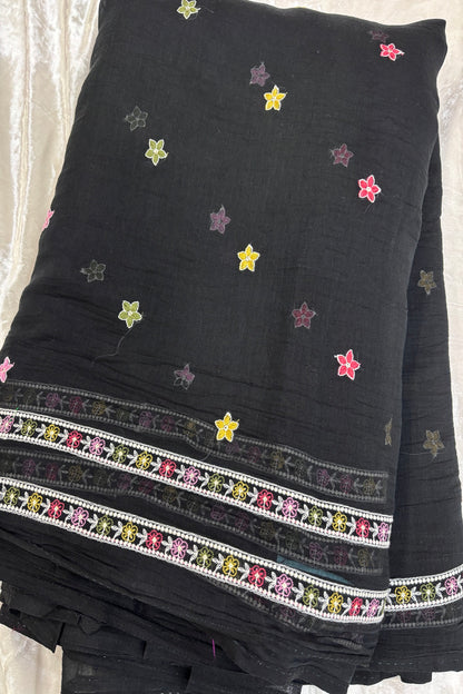 Tiny Flowers With Double Borders Embroidered Pure Mul Chanderi Fabric