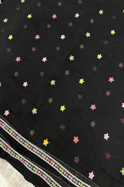 Tiny Flowers With Double Borders Embroidered Pure Mul Chanderi Fabric